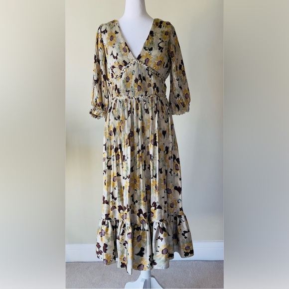 Polo Ralph Lauren Floral Pleated Satin V-Neck Dress Elbow Length Sleeve NWOT - Picture 6 of 13